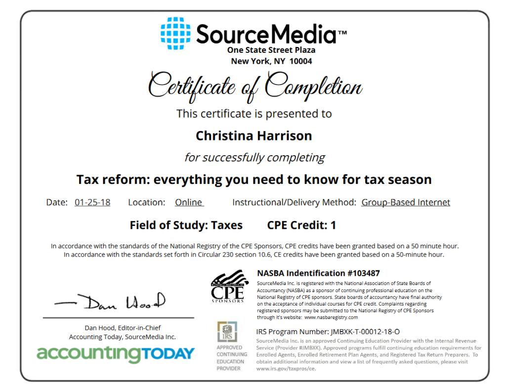 Certificate of Completion Example Tax Training 