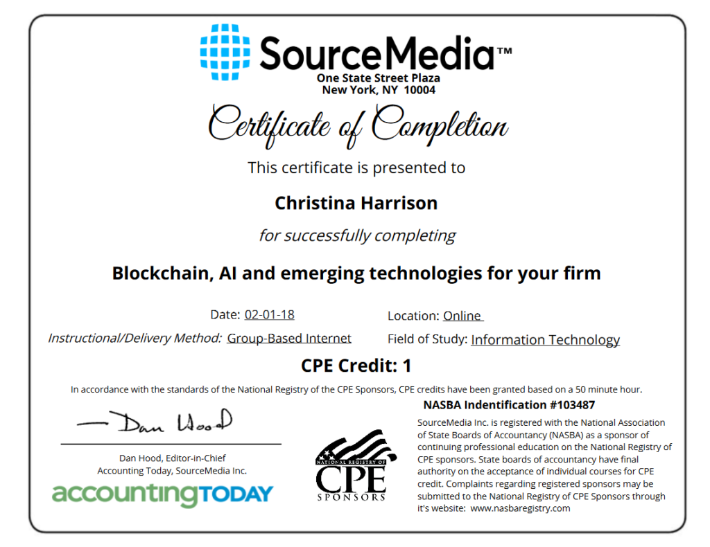 Certificate of Completion Example Business Technology