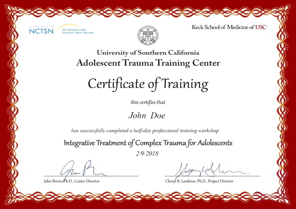 USC Medical School Certificate of Training Example 